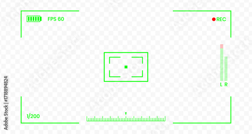 Video camera viewfinder frame. Camera recording screen template for overlay. Transparent PNG and vector illustration.