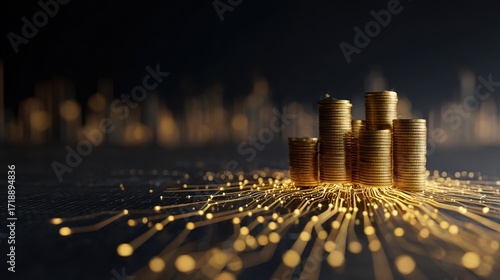 Stacked Golden Coins on a Digital Circuit Board Background
