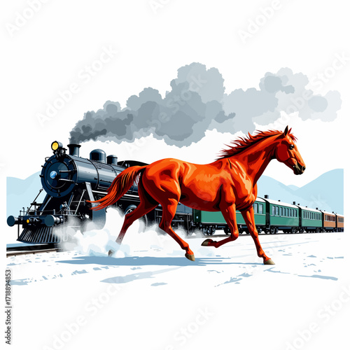 Dynamic Imagery of a Vibrant Red Horse Galloping Swiftly Across Snowy Terrain as a Vintage Steam Train Approaches with Billowing Smoke in the Background