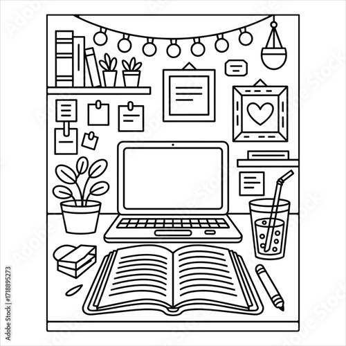 Cozy Home Office Desk Coloring Page, Study Workspace Illustration, Laptop and Books Vector, Creative Workspace Coloring Sheet, Home Desk Setup with Laptop and Stationery, Line Art Vector.