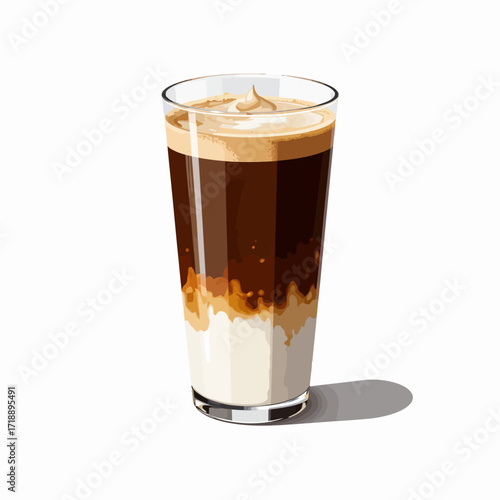 Tall Glass of Iced Coffee with Layered Milk and Cream Foam Perfectly Blended for Refreshing Taste and Eye-catching Presentation