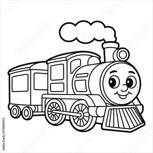 Kids Train Coloring Page, Cute Locomotive Cartoon Drawing, Steam Engine Activity Illustration.