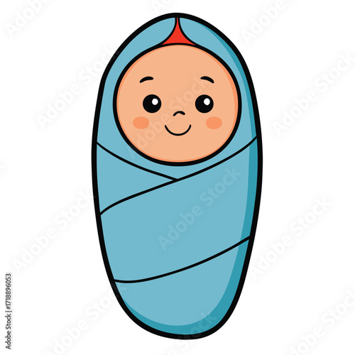 Adorable smiling newborn baby swaddled in a soft blue blanket, isolated on a pristine white background for charming designs