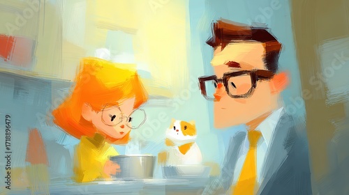 Man and Woman in Kitchen with Cat Enjoying Breakfast Together