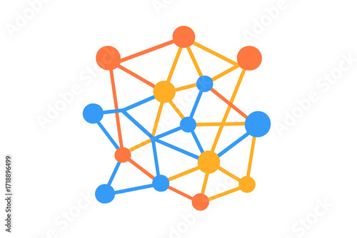 An intricate abstract digital network illustration featuring colorful interconnected nodes and lines, symbolizing global communication, data flow, and complex relationships.
