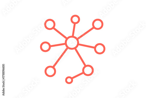 A minimalist red line icon depicting a complex network of interconnected nodes, symbolizing global communication, data flow, and technological innovation.