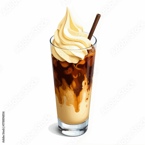 Deliciously Creamy Iced Coffee Latte with Swirling Vanilla Soft Serve and Chocolate Stick in a Tall Glass