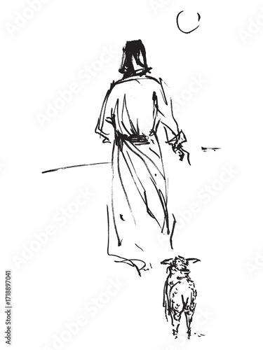Jesus Christ with a sheep. The shepherd leads the sheep. The right path