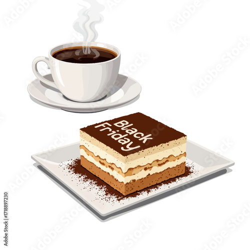 Delicious Layers of Tiramisu Dessert and Steaming Cup of Coffee on White Plate with Black Friday Decoration