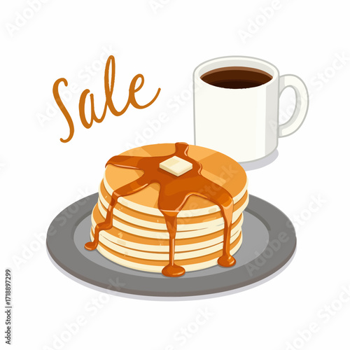 Pancake Breakfast Special Featuring Fluffy Stacks Drizzled with Syrup and Butter with Hot Beverage Available at Discounted Prices