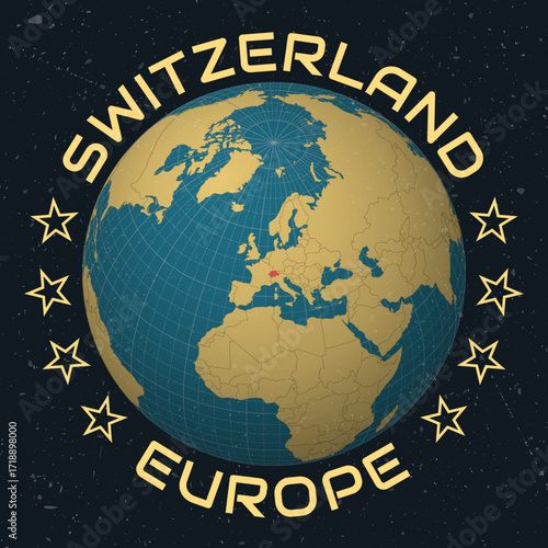 Switzerland on Globe. Country name round text. Vintage look with grunge scratched texture. Country view on world map in Sky Blue Light Yellow color palette. Switzerland shape on map.