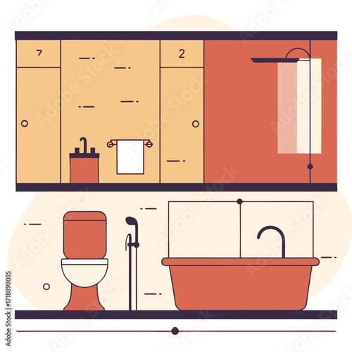 Contemporary Bathroom Interior Design Elements in Flat Style, Featuring Shower, Toilet, and Bathtub Layout