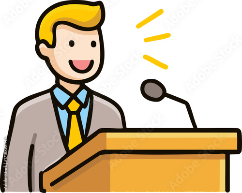 a cartoonish man speaking at a podium with a happy expression