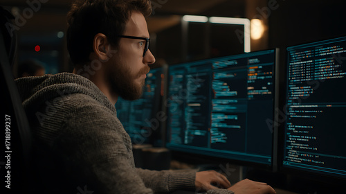 A man with glasses is focused on coding, working at a desk with multiple computer monitors displaying lines of code in a dimly lit environment.