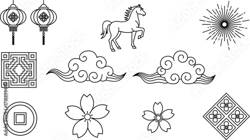 Collection of chinese new year themed line art illustrations editable stock