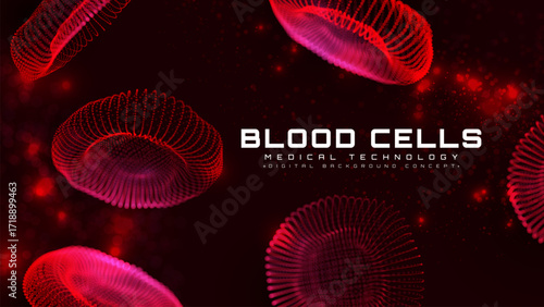 Red blood cells glow motion in dark capillary red background. Abstract hematology wave medical technology scene, Vector illustration.