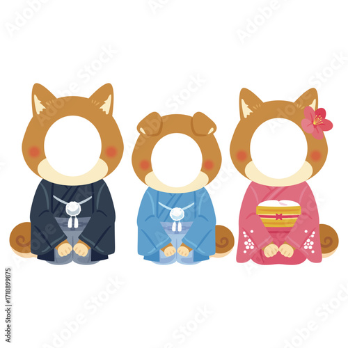 晴れ姿の戌年のキャラクター　家族　フォトフレーム／Year of the Dog zodiac Characters in Fine Attire Family Photo Frame