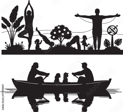 Silhouetted family practices yoga and enjoys a boat ride in nature, showcasing healthy lifestyle and togetherness in a peaceful setting.