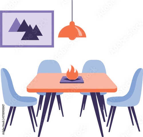 Cartoon dining room setup with table chairs and wall decoration editable stock