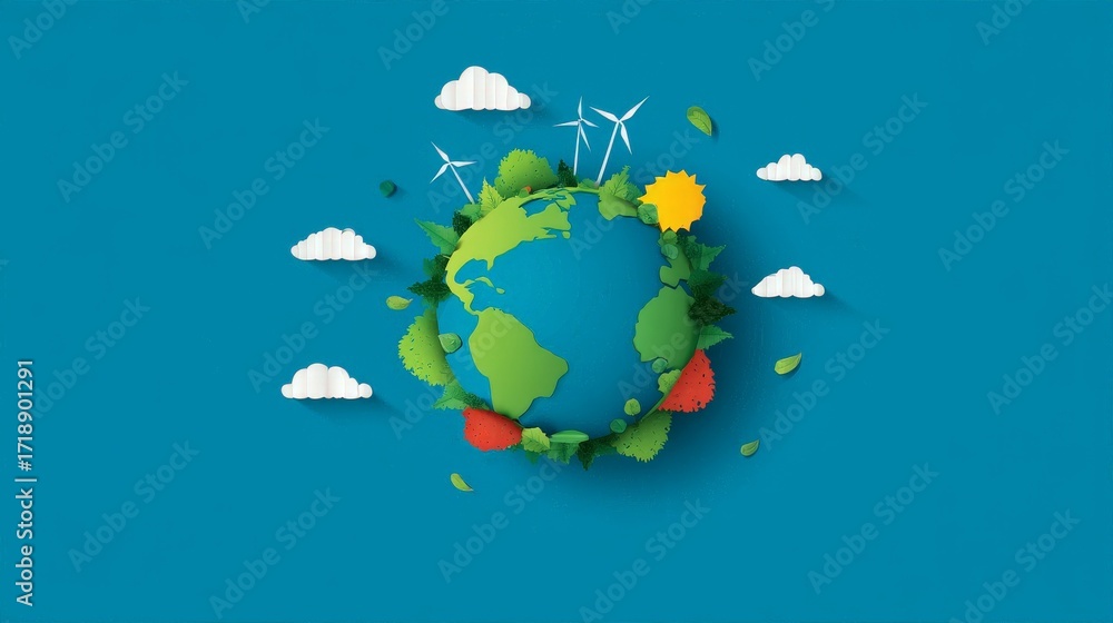 Fototapeta premium carbon,neutral,concept Colorful illustration of Earth surrounded by greenery, clouds, and renewable energy symbols.