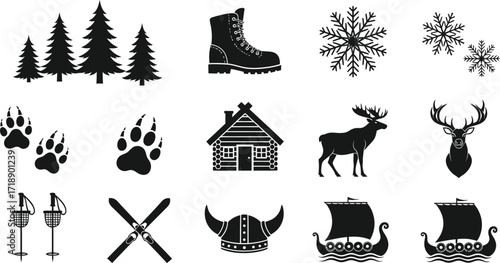 A collection of winter and viking themed black vector icons editable stock