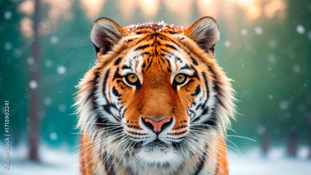 Fototapeta premium Majestic tiger stands in the snow surrounded by trees at sunrise, showcasing its powerful presence and striking fur patterns