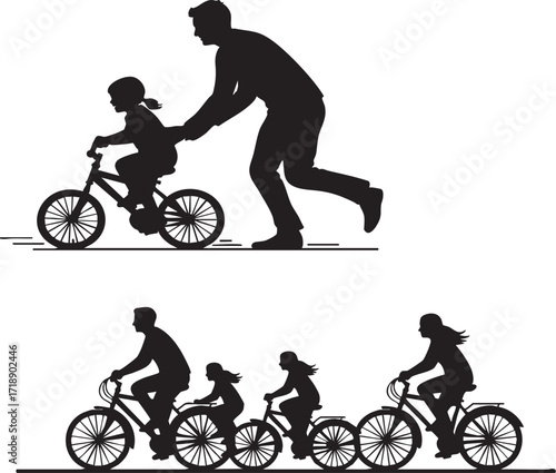 Father teaches his daughter to ride a bicycle in the park on a sunny afternoon, creating a heartwarming family moment.