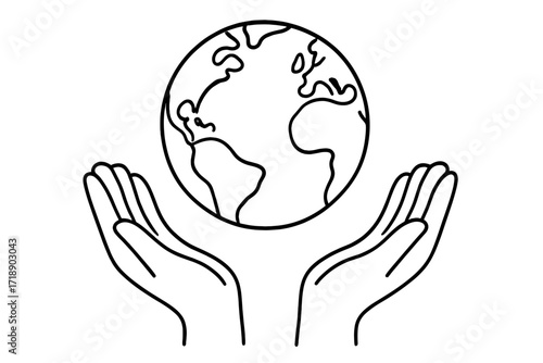 Hands holding Earth line art. Care, save our planet concept. Ecology, environment, conservation. Globe protection. Global support, help, hope, peace. Vector icon illustration.