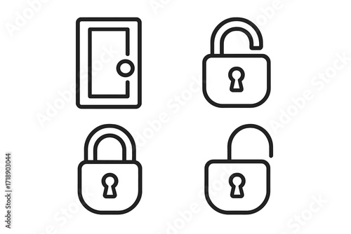 Lock line icon set. Open, closed padlock. Door symbol. Outline pictogram for web design, app. Security, privacy, safety, access concept. Vector graphic element. Ui, ux kit.