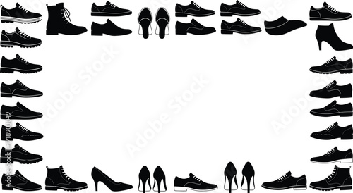 A frame of various black shoe silhouettes on a white background editable stock