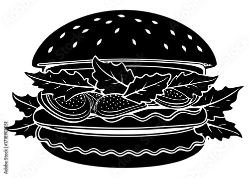 Cheeseburger Silhouette with Lettuce and Tomato, American Food SVG, PNG