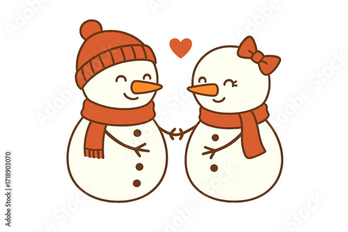 Two cute snowmen in love holding hands with heart, Valentine’s Day greeting card, winter romance, cartoon vector illustration with hats, scarves, and bow