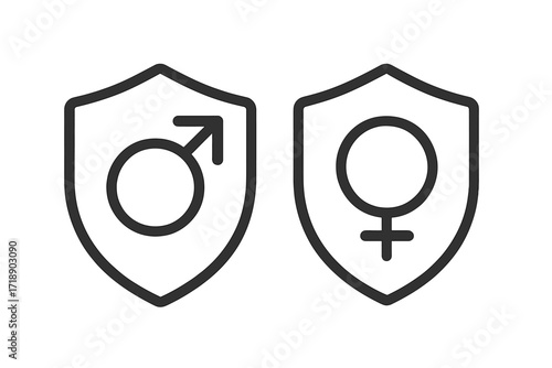 Male and female gender symbol on a shield icon. Men and women health protection concept. Gender equality, safety, and rights pictogram. Vector for security or insurance.
