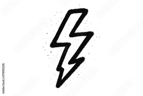 Urban graffiti lightning bolt power symbol in black over white background, spray textured hand drawn vector illustration, cartoon style electric energy design with transparent background
