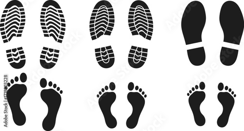 Illustration of footprints and shoe prints in black and white editable stock
