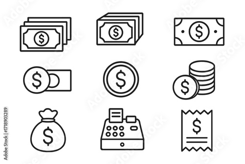 Money finance line icon set. Cash, currency, payment, banking concepts. Vector outline dollar, coin, receipt, cash register, money bag symbols for web, app, business design.