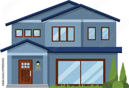 Illustration of a two story house with a brown front door and yard editable stock