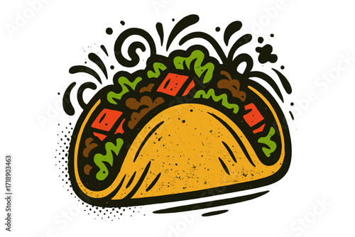 Vintage Mexican food poster element with taco in urban graffiti style, textured vector illustration, colorful cartoon taco design, isolated retro Mexican cuisine art