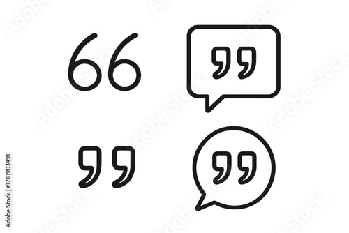 Quotes icon set. Quotation mark symbol collection. Vector line art illustration of speech bubble for comment, dialogue, testimonial, feedback. Simple outline graphic element.