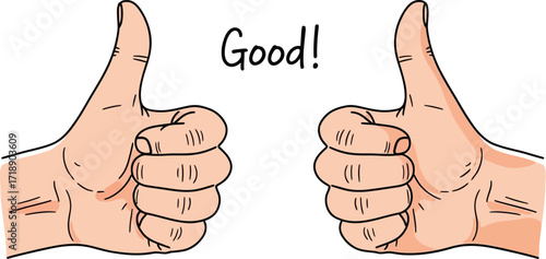 Two hands giving thumbs up with the word good in the middle editable stock