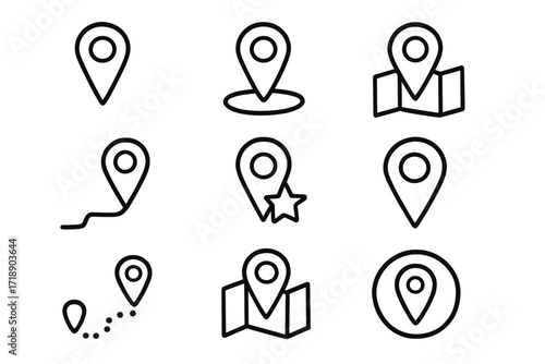Set of map pin and location line icons, outline symbols for graphic design, web apps, advertisements, navigation, travel, vector cartoon illustration with transparent background