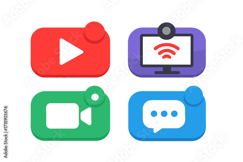 Live stream vector icon set. Colored buttons for webinar, online education, live event, stream, and chat. Concept for broadcasting, video conference, and communication app.