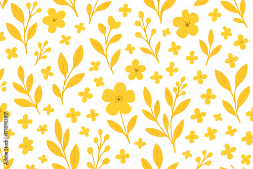 Bright yellow floral seamless pattern with hand-drawn leaves and small flowers, vector botanical background, herbarium style, flat cartoon illustration, nature design