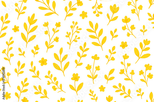 Yellow floral seamless pattern with leaves and small flowers, hand drawn flat vector botanical background, herbarium style seamless design, cartoon illustration, transparent
