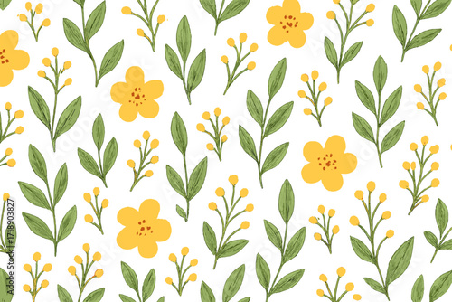 Yellow floral seamless pattern with green leaves and small buds, hand drawn vector botanical background, flat cartoon illustration, herbarium style design, transparent vector art