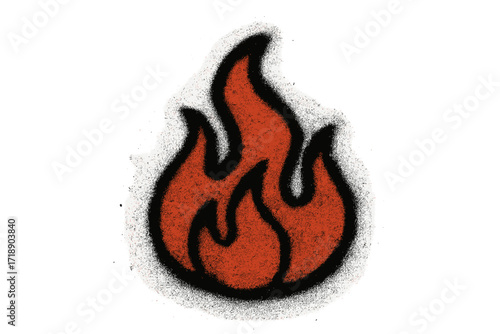 Vintage isolated spray painted graffiti fire flame icon with black overspray effect. Urban street art style flame symbol, hand-drawn sprayed vector illustration for edgy design