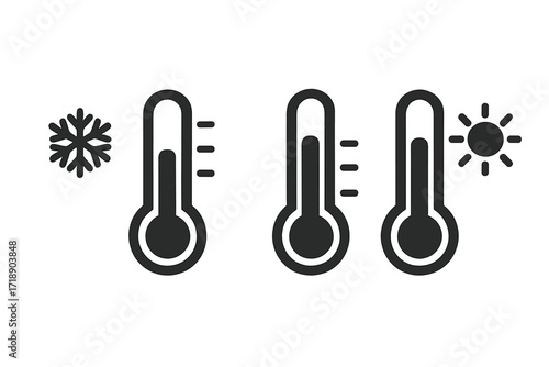 Vector illustration of temperature thermometers with snowflake and sun icons, weather symbols, cold and hot degree temperature indicators, climate concept, transparent background