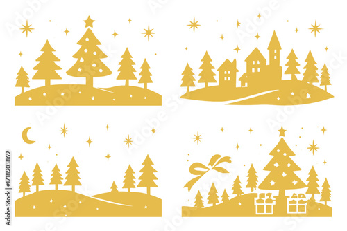 Christmas Golden Silhouette Set with Trees, Houses, Night Sky Stars, Moon, Gift Boxes, and Decorative Ribbon, Festive Winter Holiday Landscape Vector Illustration