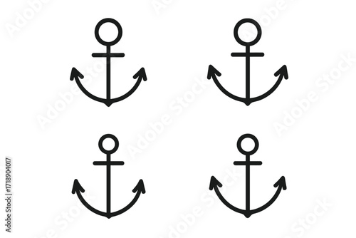 Set of black anchor line icons, nautical marine symbols, ship anchors vector outline, maritime design elements for web, apps, adverts, and various cards, transparent background