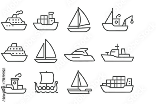Ship Thin Line Icon Set, Outline Maritime and Nautical Vector Icons, Cargo, Sailing, Fishing, Yacht, Cruise, Viking, Transport, Sea Travel, Graphic Design Symbols